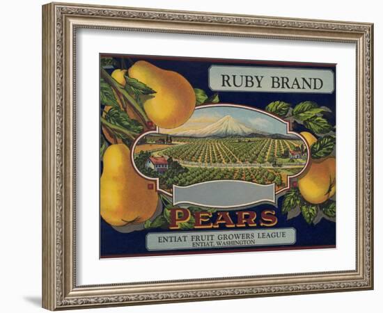 Fruit Crate Labels: Ruby Brand Pears; Entiat Fruit Growers League-null-Framed Art Print