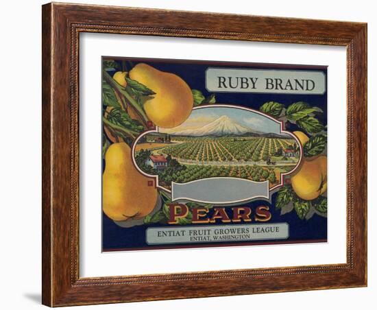 Fruit Crate Labels: Ruby Brand Pears; Entiat Fruit Growers League-null-Framed Art Print