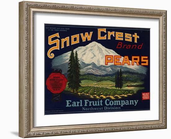 Fruit Crate Labels: Snow Crest Brand Pears; Earl Fruit Company-null-Framed Art Print