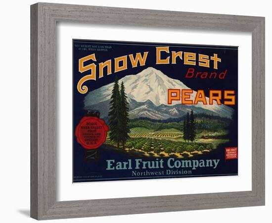 Fruit Crate Labels: Snow Crest Brand Pears; Earl Fruit Company-null-Framed Art Print