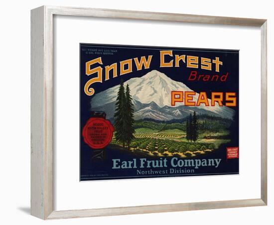 Fruit Crate Labels: Snow Crest Brand Pears; Earl Fruit Company-null-Framed Art Print