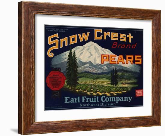 Fruit Crate Labels: Snow Crest Brand Pears; Earl Fruit Company-null-Framed Art Print