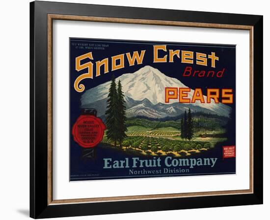 Fruit Crate Labels: Snow Crest Brand Pears; Earl Fruit Company-null-Framed Art Print