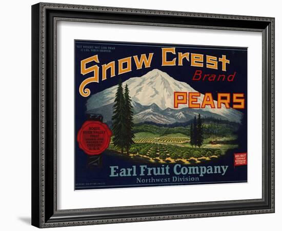 Fruit Crate Labels: Snow Crest Brand Pears; Earl Fruit Company-null-Framed Art Print