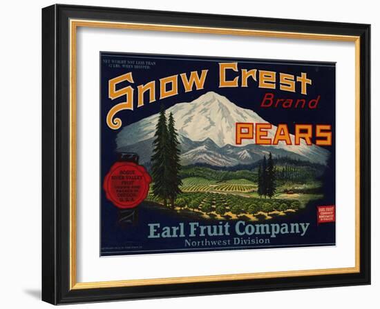 Fruit Crate Labels: Snow Crest Brand Pears; Earl Fruit Company-null-Framed Art Print