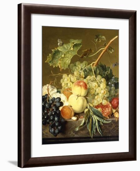 Fruit, Hazelnuts and Hollyhocks on a Marble Ledge-Jan van Huysum-Framed Giclee Print