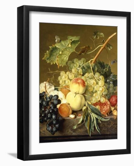 Fruit, Hazelnuts and Hollyhocks on a Marble Ledge-Jan van Huysum-Framed Giclee Print