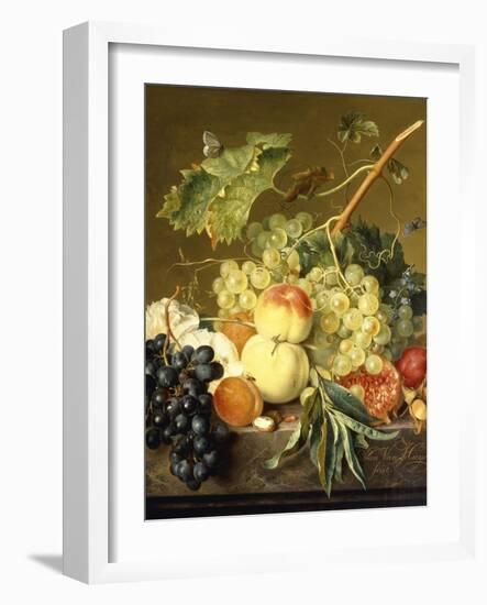 Fruit, Hazelnuts and Hollyhocks on a Marble Ledge-Jan van Huysum-Framed Giclee Print