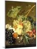 Fruit, Hazelnuts and Hollyhocks on a Marble Ledge-Jan van Huysum-Mounted Giclee Print