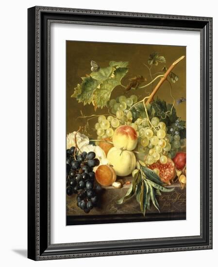 Fruit, Hazelnuts and Hollyhocks on a Marble Ledge-Jan van Huysum-Framed Giclee Print