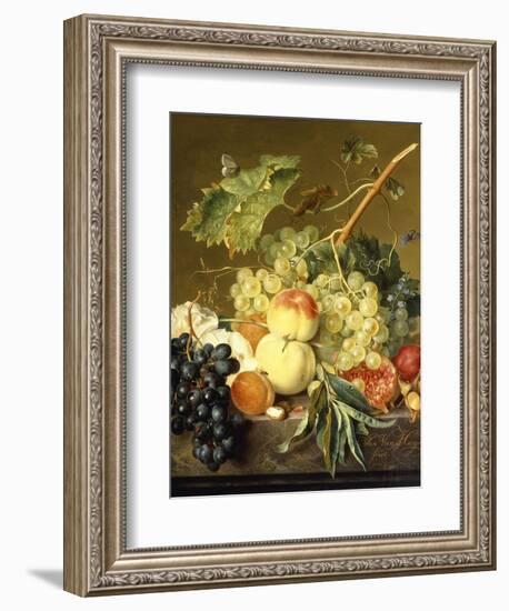 Fruit, Hazelnuts and Hollyhocks on a Marble Ledge-Jan van Huysum-Framed Giclee Print