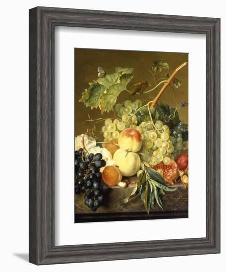 Fruit, Hazelnuts and Hollyhocks on a Marble Ledge-Jan van Huysum-Framed Giclee Print