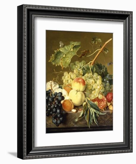 Fruit, Hazelnuts and Hollyhocks on a Marble Ledge-Jan van Huysum-Framed Giclee Print