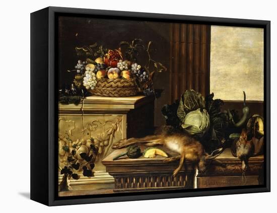 Fruit in a Wicker Basket with Figs on a Plinth-Pierre Dupuis-Framed Premier Image Canvas