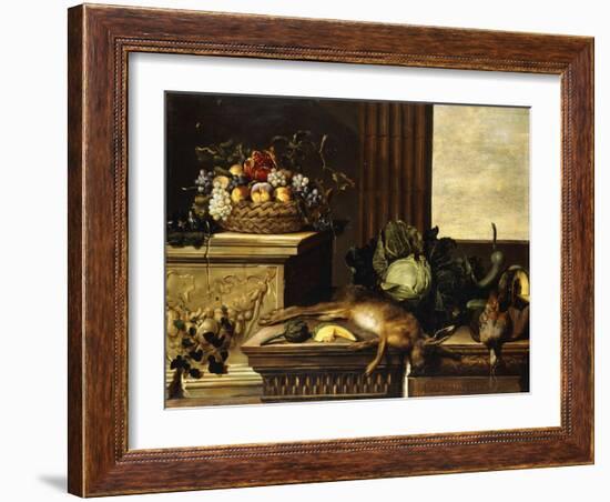 Fruit in a Wicker Basket with Figs on a Plinth-Pierre Dupuis-Framed Giclee Print