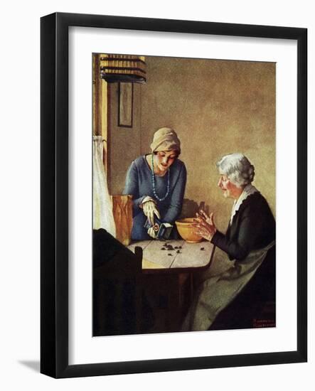 Fruit of the Vine (or Mother and Daughter Pouring Raisins at Table)-Norman Rockwell-Framed Giclee Print