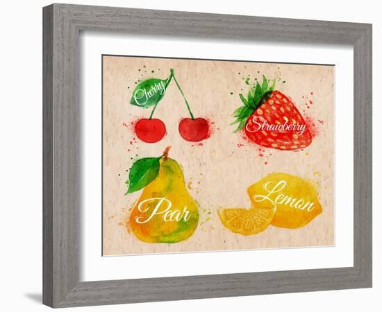 Fruit Watercolor Cherry, Lemon, Strawberry, Pear in Kraft-anna42f-Framed Art Print