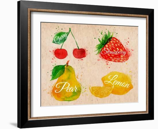 Fruit Watercolor Cherry, Lemon, Strawberry, Pear in Kraft-anna42f-Framed Art Print