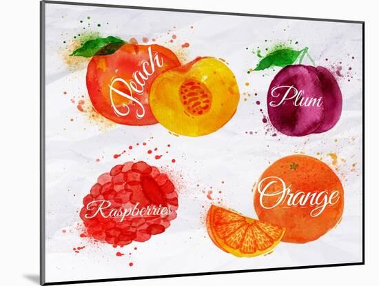 Fruit Watercolor Peach, Raspberry, Plum, Orange-anna42f-Mounted Art Print