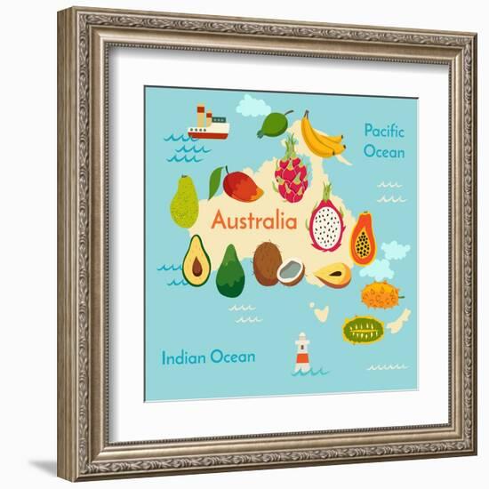 Fruit World Map Australia-coffeee_in-Framed Art Print