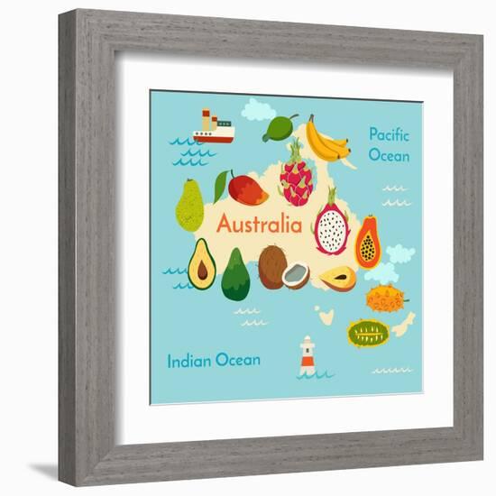 Fruit World Map Australia-coffeee_in-Framed Art Print