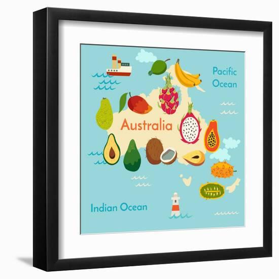 Fruit World Map Australia-coffeee_in-Framed Art Print