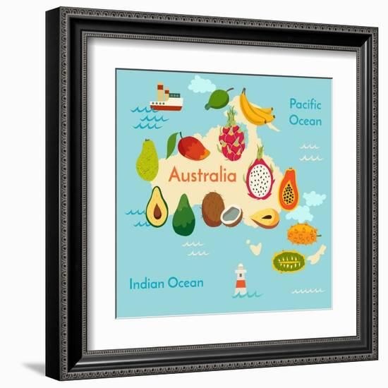 Fruit World Map Australia-coffeee_in-Framed Art Print