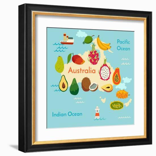 Fruit World Map Australia-coffeee_in-Framed Art Print