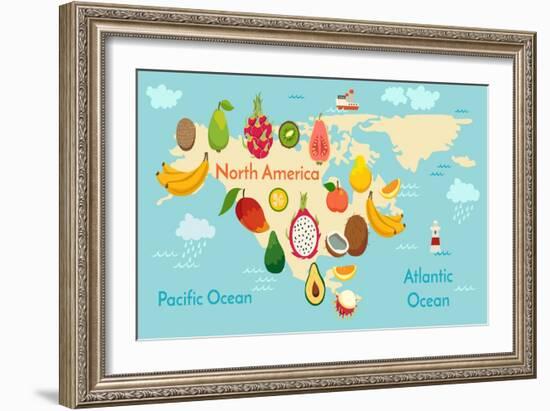 Fruit World Map North America-coffeee_in-Framed Art Print