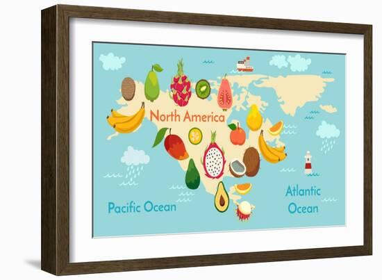 Fruit World Map North America-coffeee_in-Framed Art Print