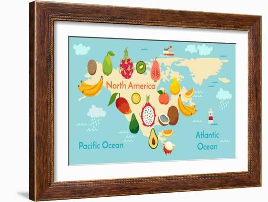 Fruit World Map North America-coffeee_in-Framed Art Print