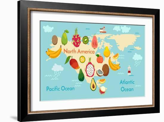 Fruit World Map North America-coffeee_in-Framed Art Print