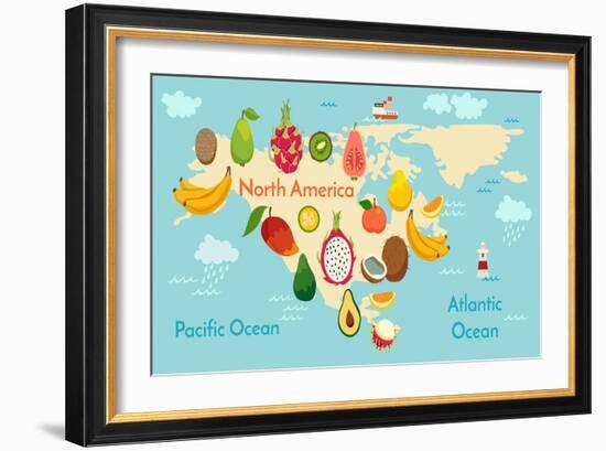 Fruit World Map North America-coffeee_in-Framed Art Print