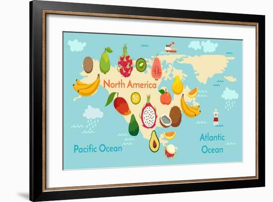 Fruit World Map North America-coffeee_in-Framed Art Print