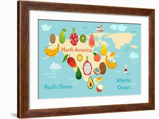 Fruit World Map North America-coffeee_in-Framed Art Print