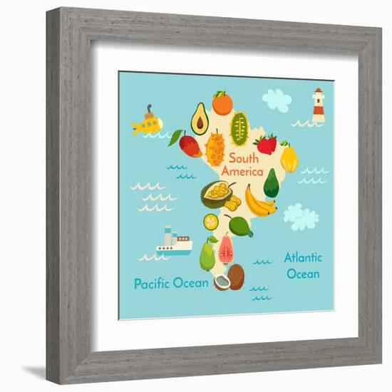 Fruit World Map South America-coffeee_in-Framed Art Print