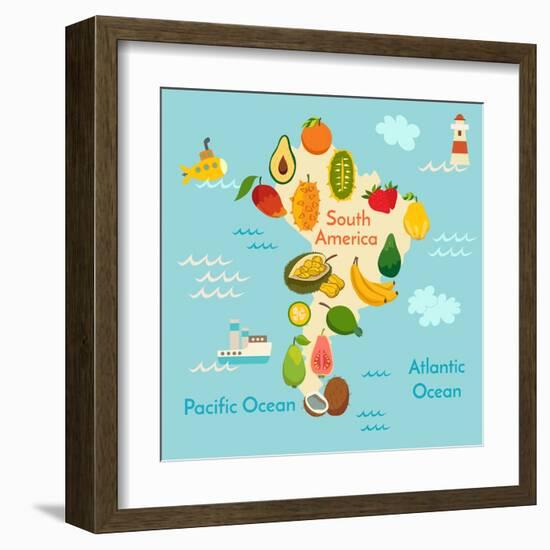 Fruit World Map South America-coffeee_in-Framed Art Print