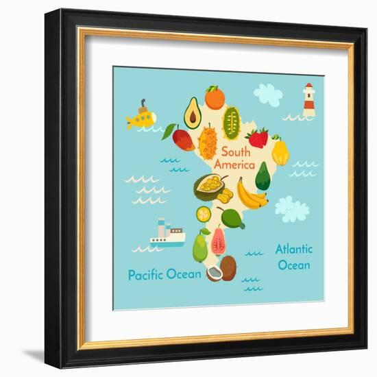 Fruit World Map South America-coffeee_in-Framed Art Print