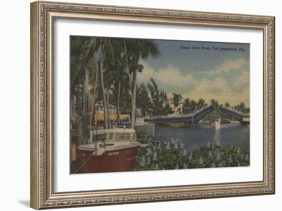 Ft. Lauderdale, FL - New River View & Drawbridge-Lantern Press-Framed Art Print