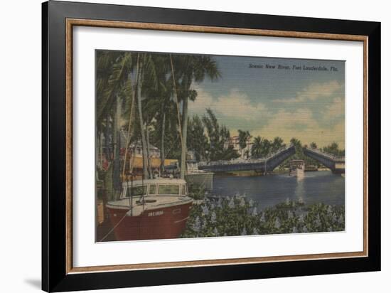 Ft. Lauderdale, FL - New River View & Drawbridge-Lantern Press-Framed Art Print