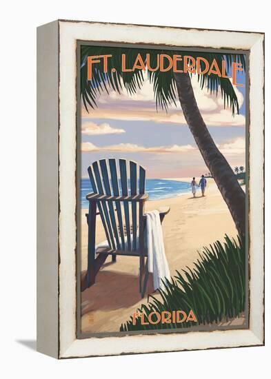 Ft. Lauderdale, Florida - Adirondack Chair on the Beach-Lantern Press-Framed Stretched Canvas