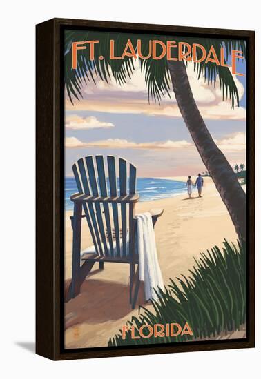 Ft. Lauderdale, Florida - Adirondack Chair on the Beach-Lantern Press-Framed Stretched Canvas