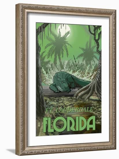 Ft. Lauderdale, Florida - Alligator in Swamp-Lantern Press-Framed Art Print