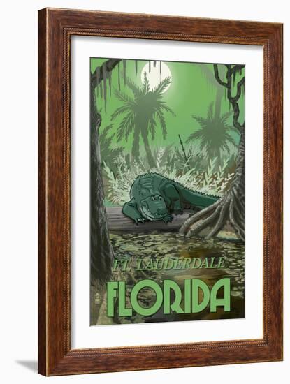 Ft. Lauderdale, Florida - Alligator in Swamp-Lantern Press-Framed Art Print