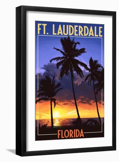 Ft. Lauderdale, Florida - Palms and Sunset-Lantern Press-Framed Art Print