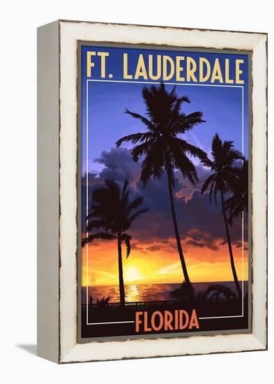 Ft. Lauderdale, Florida - Palms and Sunset-Lantern Press-Framed Stretched Canvas