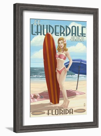 Ft. Lauderdale, Florida - Pinup Girl Surfing-Lantern Press-Framed Art Print