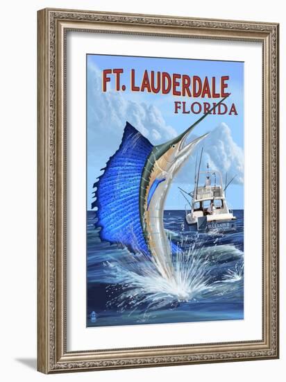 Ft. Lauderdale, Florida - Sailfish Scene-Lantern Press-Framed Art Print