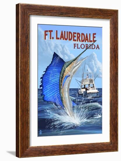 Ft. Lauderdale, Florida - Sailfish Scene-Lantern Press-Framed Art Print