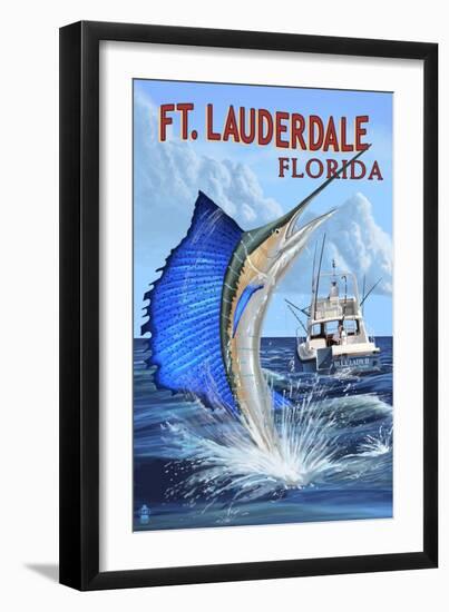 Ft. Lauderdale, Florida - Sailfish Scene-Lantern Press-Framed Art Print